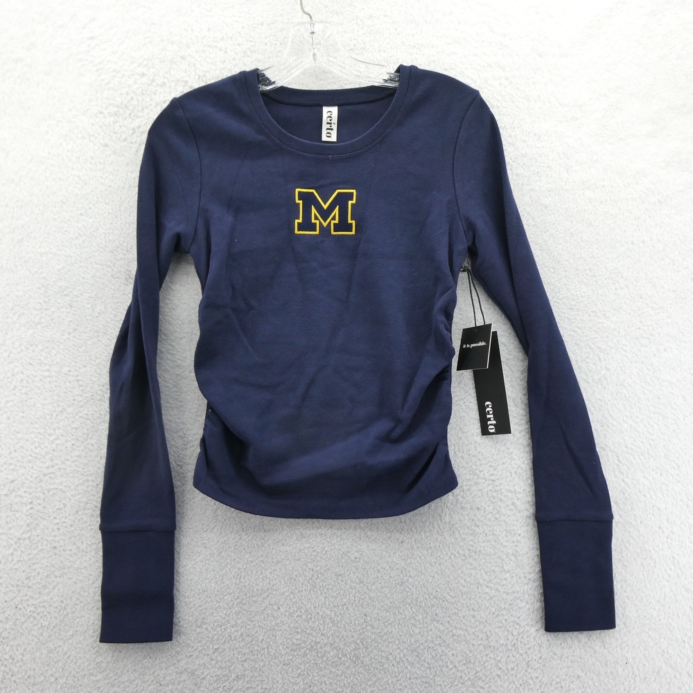 Certo Shirt Women Small Michigan Wolverines Navy Blue Ruched Thumbhole Cotton
